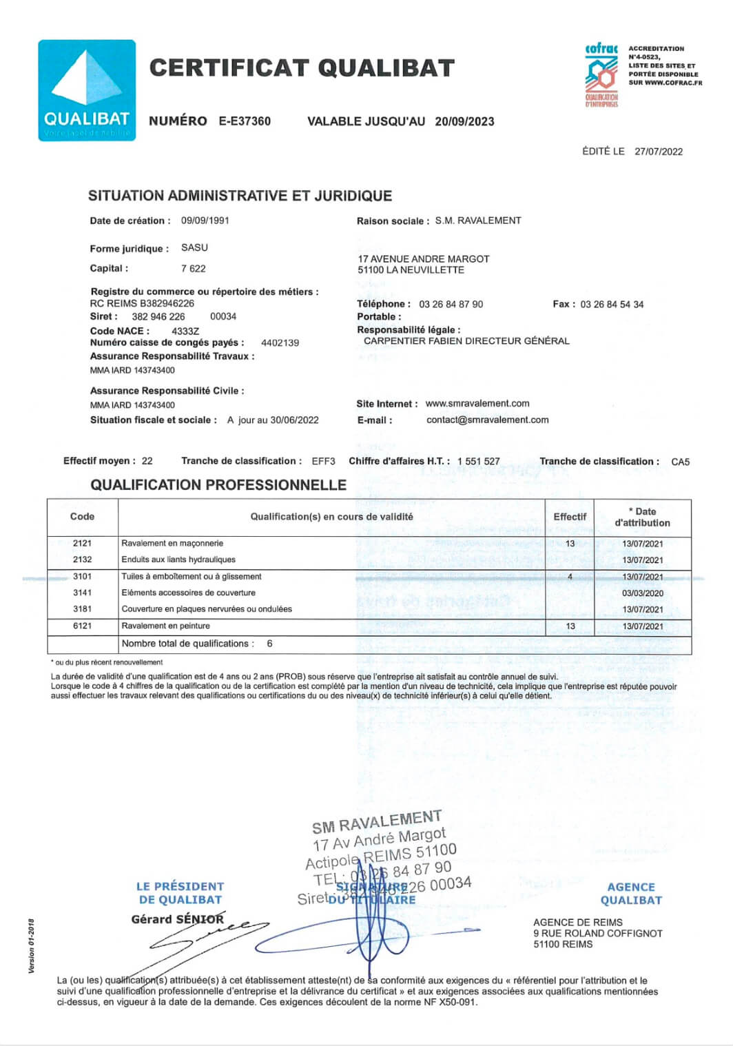 SM Ravalement - Certificat Qualibat 2023