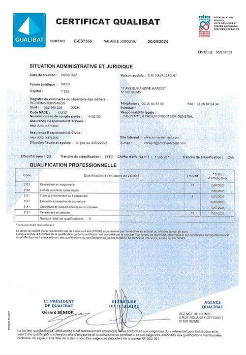 SM Ravalement - Certificat Qualibat 2024