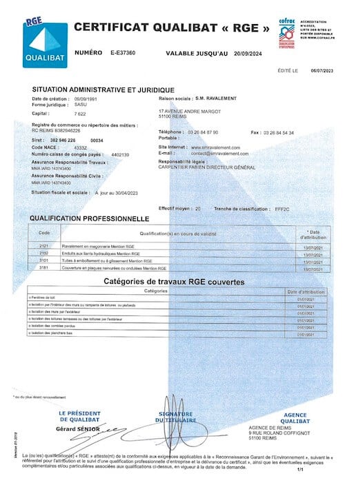 SM Ravalement - Certificat Qualibat RGE 2024